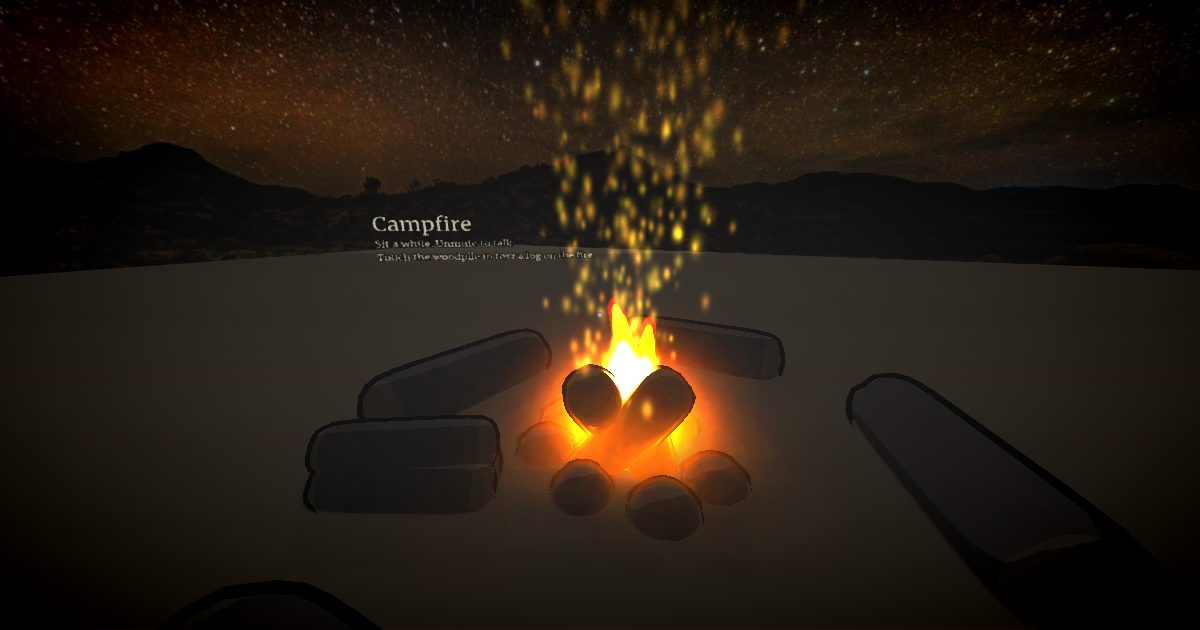 A campfire of glowing light and rising embers, ringed by stones and logs, under a starry sky over dark hills.