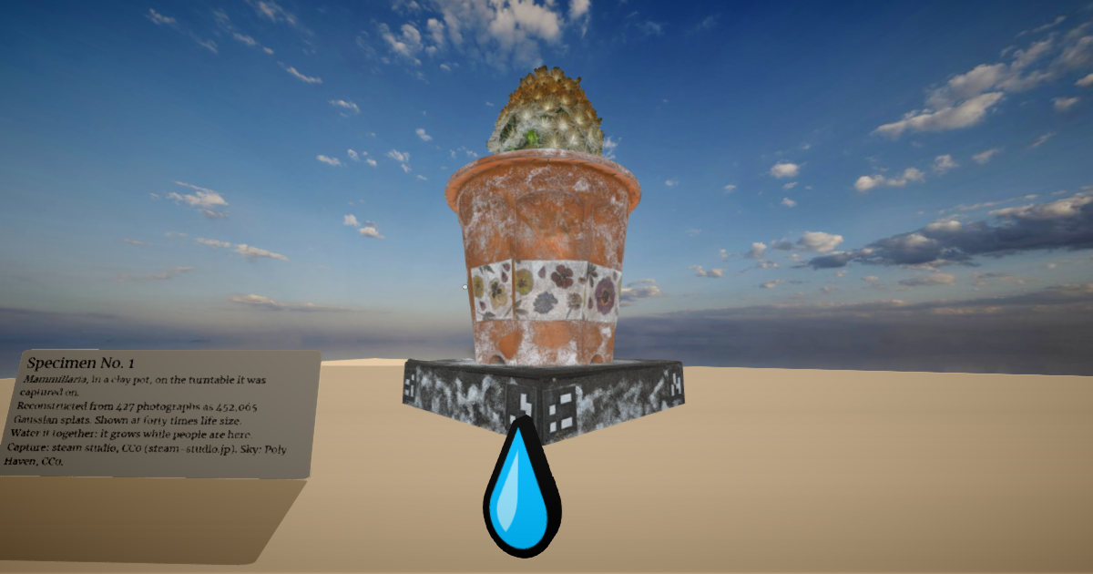 A photoreal potted cactus on its capture turntable, forty times life size, under a blue desert sky.