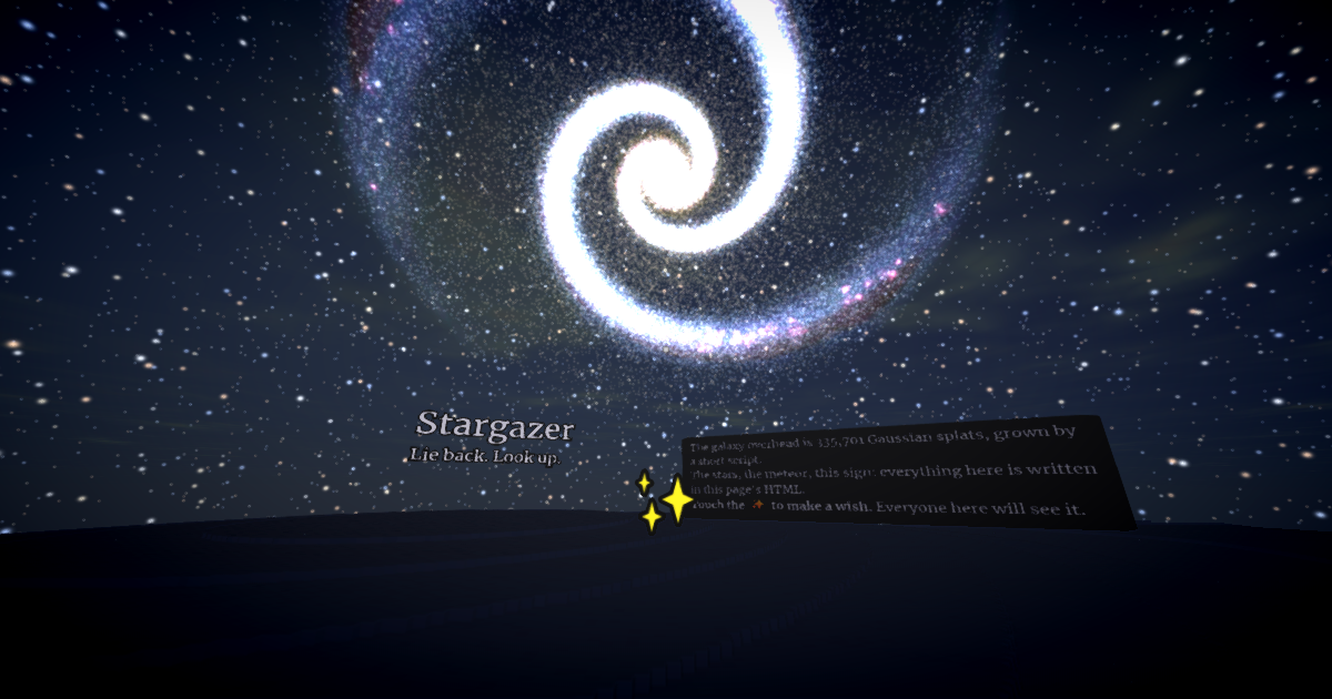 A spiral galaxy of glowing points hangs over a dark hill at night, beside a small sign reading Stargazer.