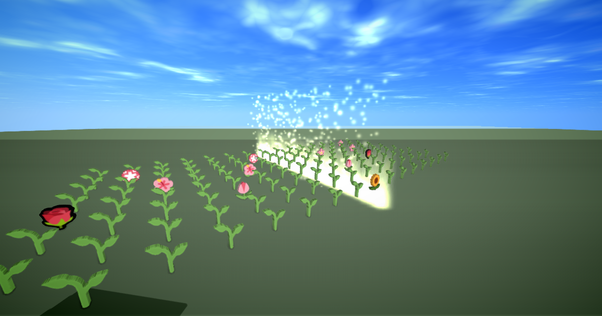 Rows of cel-shaded sprouts and a few blossoms on a green field, with a curtain of golden light crossing them.